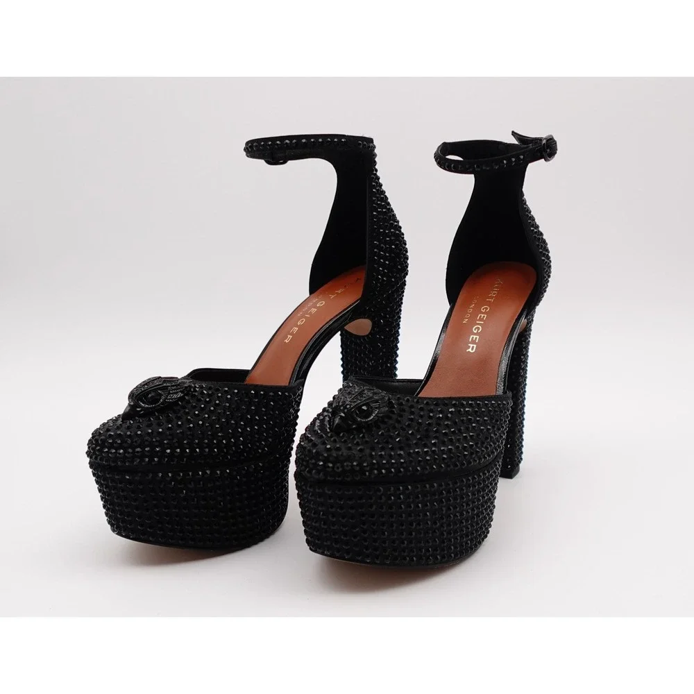 Kurt Geiger London Black Crystal Eagle Head Platform Heels Shoreditch Sandals 7